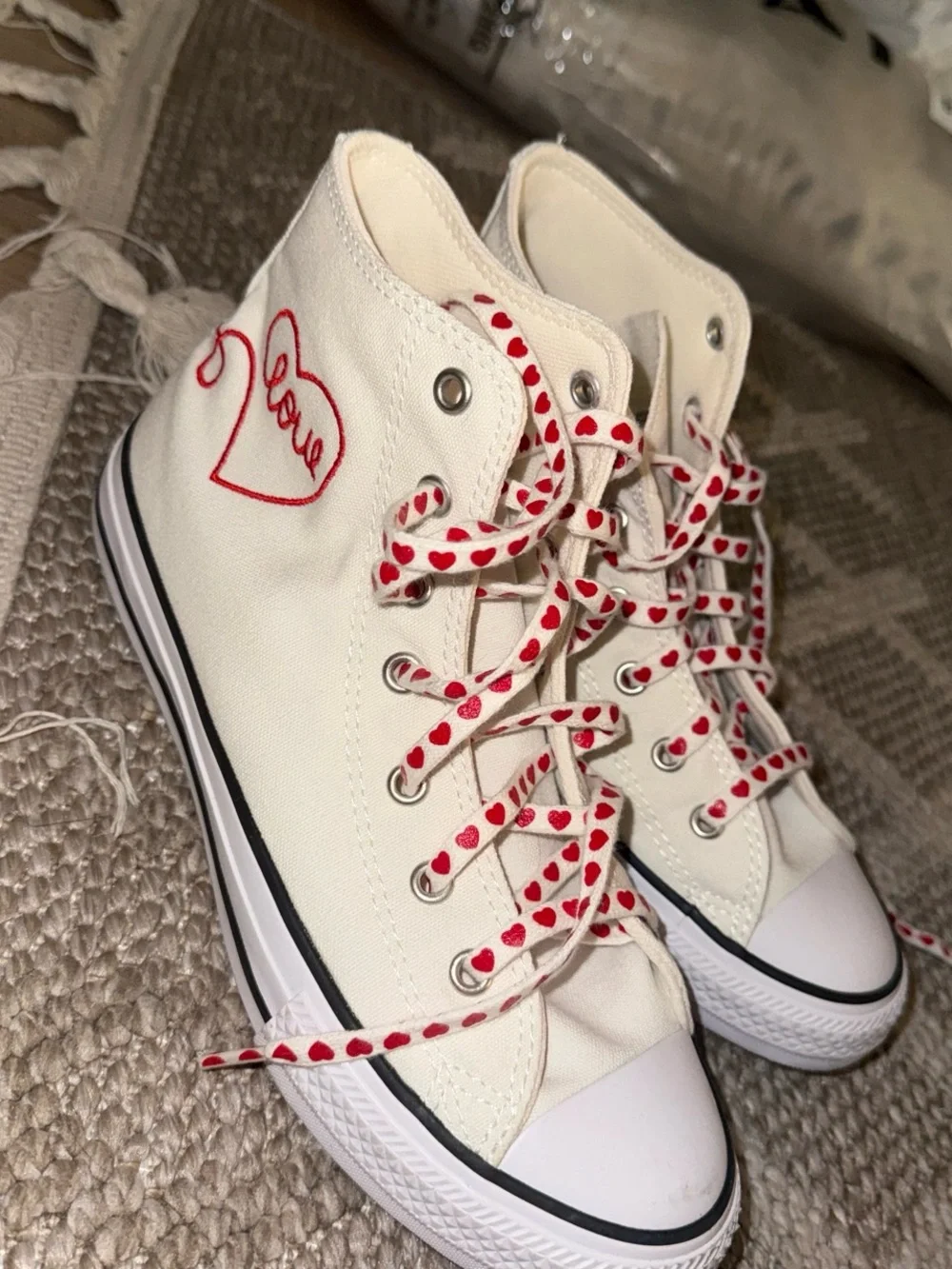 Converse High-Top Sneakers in Off-White with Red Heart Laces